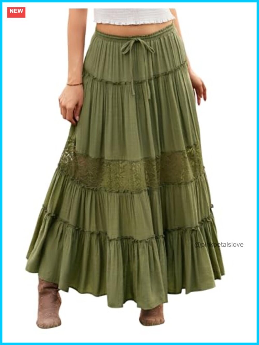Flowy Lace Tiered Boho Maxi Skirt with Pockets